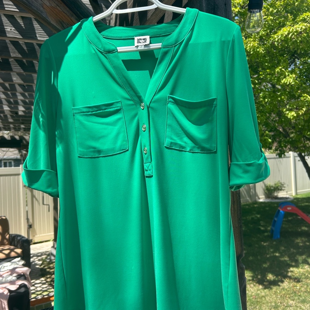 Anne Klein Emerald Green V-Neck Tunic with Patch Pockets